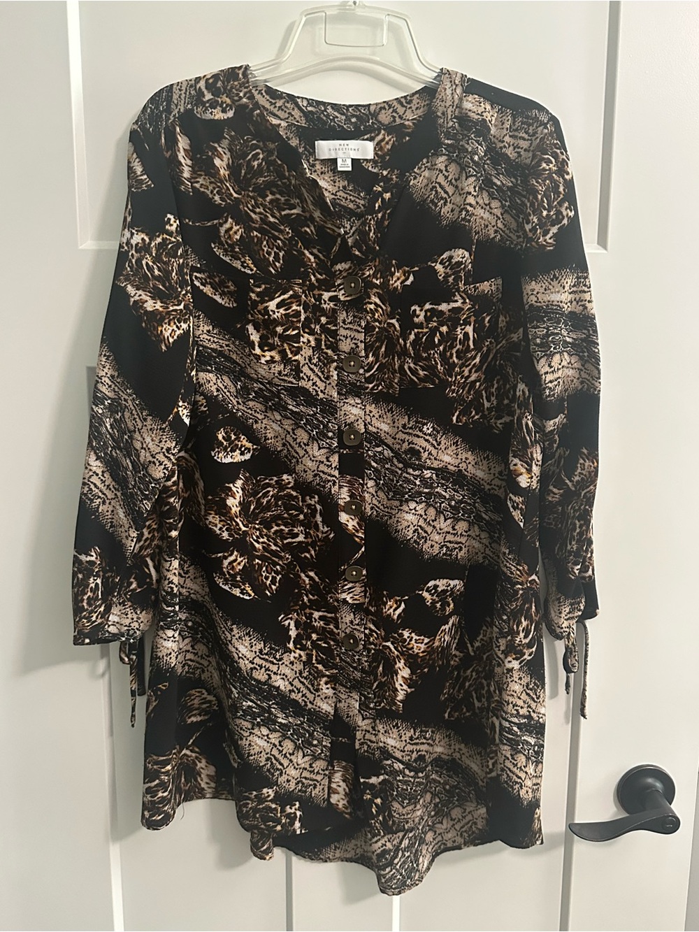 new directions Black and Brown Printed Button-Front Blouse